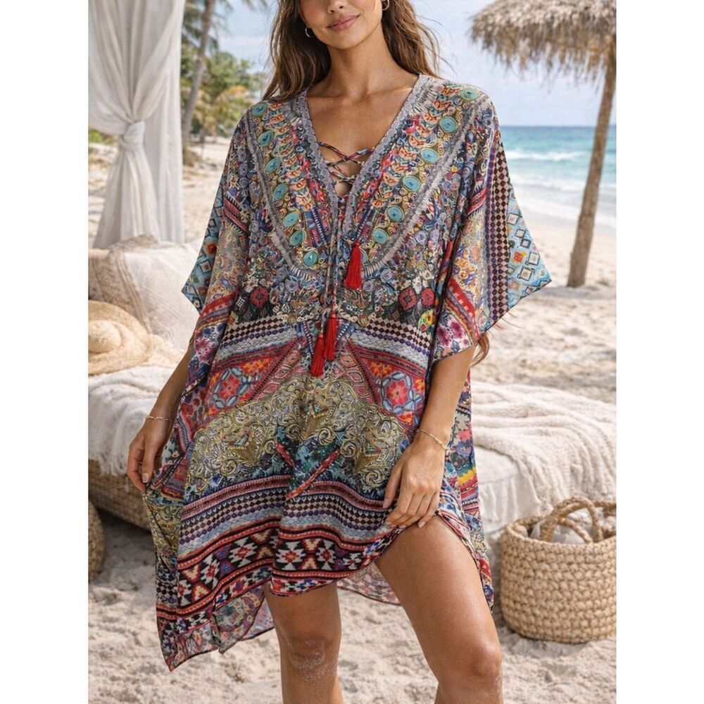 Sakkas Multicolor Printed Kaftan Cover Up Tassel Tie One Size Boho Resort